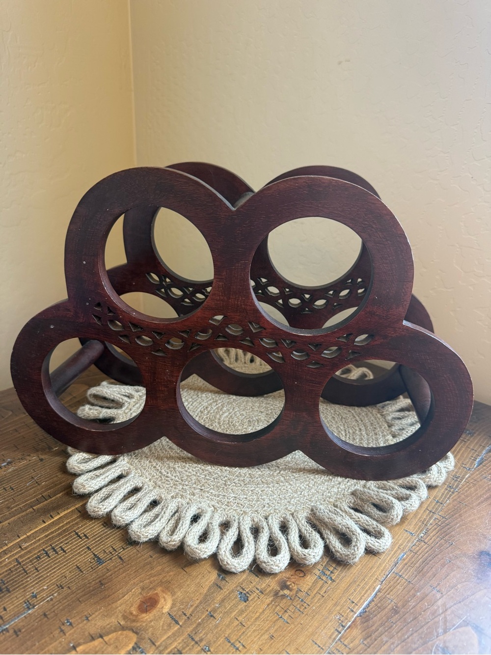 Vintage Scalloped Wood 6 Bottle Wine Rack Carved Fretwork Two-Tier Tabletop Rack